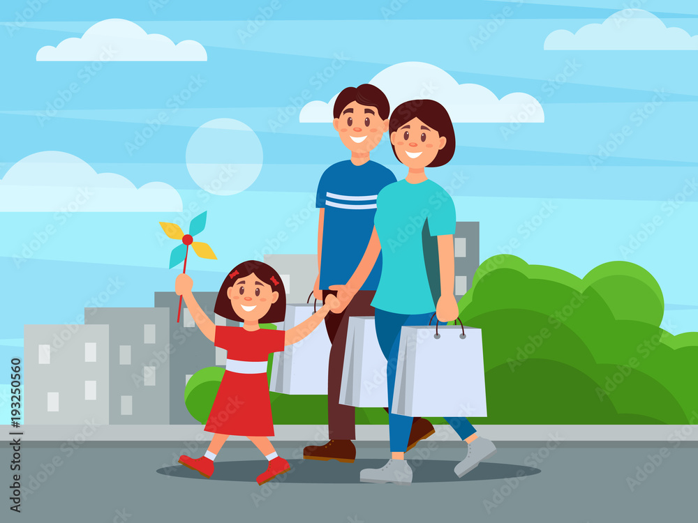 Happy family walking by park after shopping. Mother, father and their daughter. Buildings and green bushes on background. Parenthood concept. Cartoon people. Flat vector