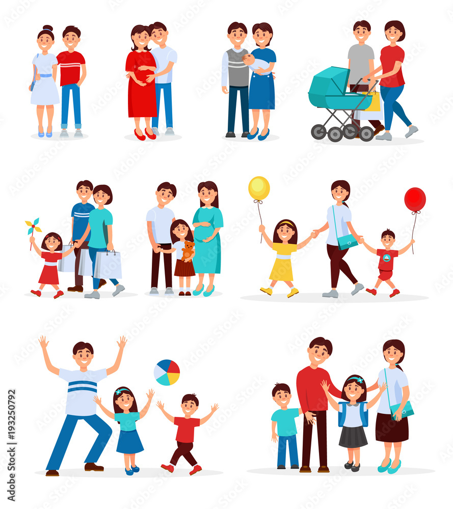 Collection of young families. Young couples. Cartoon people expecting baby born. Pregnant woman. Concept of parenting. Family recreation. Flat vector design