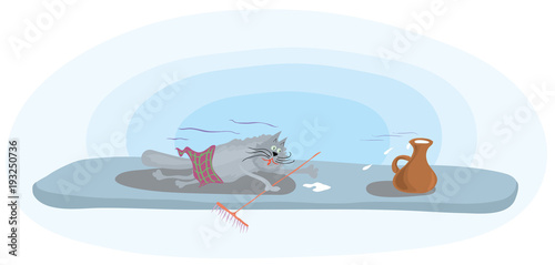  cheerful curling/ Cat in skirt sliding on the ice pushes jug of milk 