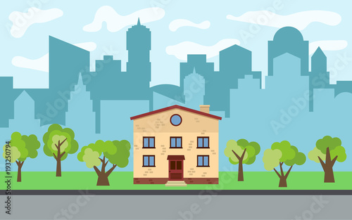 Fototapeta Naklejka Na Ścianę i Meble -  Vector city with two-story cartoon house and green trees in the sunny day. Summer urban landscape. Street view with cityscape on a background
