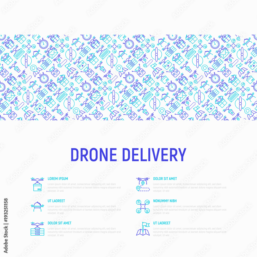Drone delivery concept with thin line icons: quadcopter, flying drone with package, remote control, front and side view. Modern vector illustration of innovative transport for banner, print media.