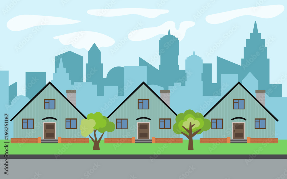 Vector city with three cartoon houses and green trees in the sunny day. Summer urban landscape. Street view with cityscape on a background
