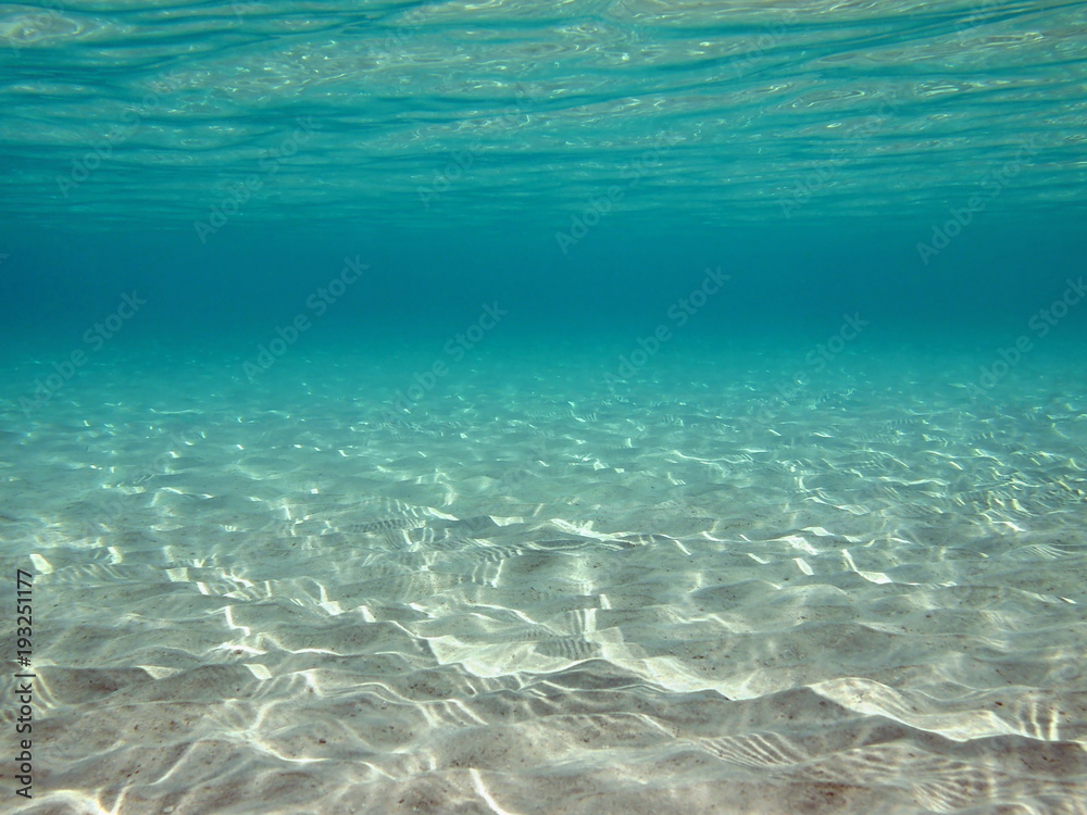 Underwater ripples on a sandy seabed and water surface in the Caribbean sea, Costa Rica, natural scene