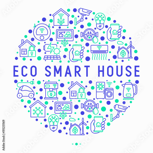 Eco smart house concept in circle with thin line icons: solar battery, security, light settings, appliances, artificial intelligence, mobile app control. Energy saving vector illustration.