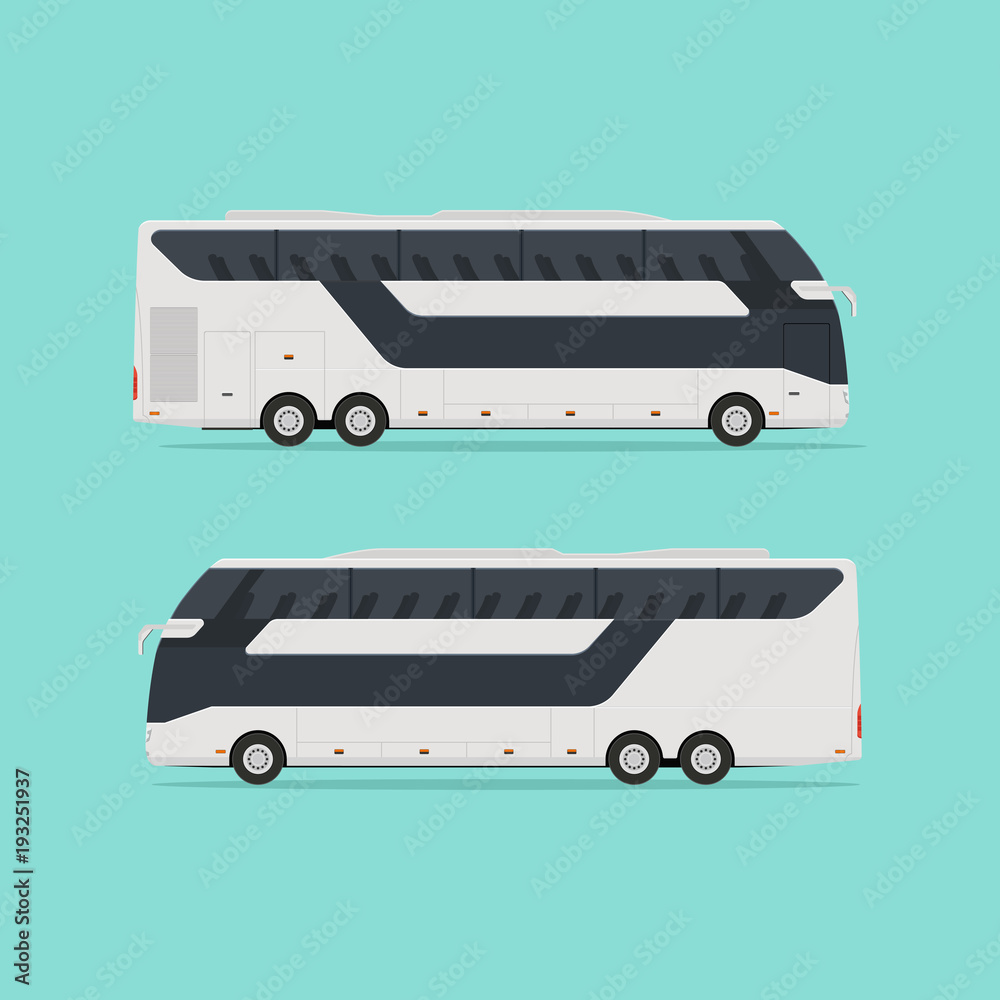 Realistic two-story, modern, tourist bus on two sides, isolated on a light background. No gradients. Vector illustration. Realistic two-story, modern, tourist bus on two sides, isolated on a light background. No gradients. Vector illustration.