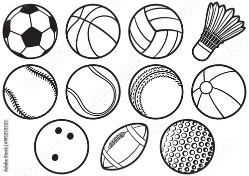 sport ball thin line icons set (beach, tennis, american football, soccer, volleyball, basketball, baseball, bowling, cricket, badminton)