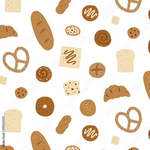 Hand drawn vector illustration of bread pattern on white background.
Pattern for textile, fabric,wrapping paper