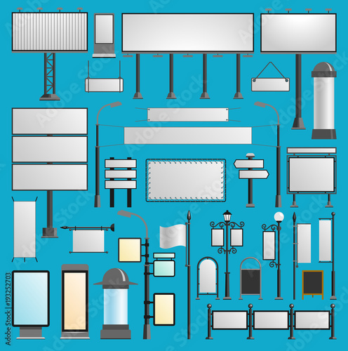 Advertisement billboards and outdoor street city ad vector templates. Business poster promotion advertising areas set. Commercial empty outdoor advertising billboards vector blank.