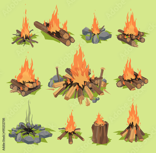 Fire flame or firewood outdoor travel bonfire vector fired flaming fireplace and flammable campfire illustration fiery or flamy forest set with wildfire isolated on background
