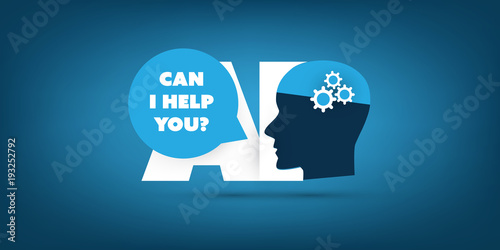 Can I Help You? - Global AI Assistance, Automated Support, Digital Aid, Deep Learning and Future Technology Concept Design with Human Head - Vector Illustration