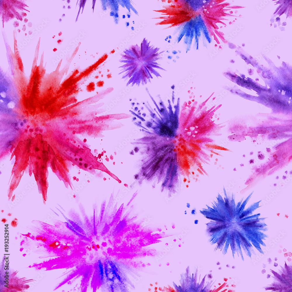 Seamless pattern of watercolor stains in the form of explosion and spray.