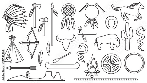 Native American Indians thin line icons set (bow and arrow, snake, horse, bison, cactus, tomahawk, axe, campfire, landscape, wigwam, chief headdress, canoe, peace pipe, dream catcher)