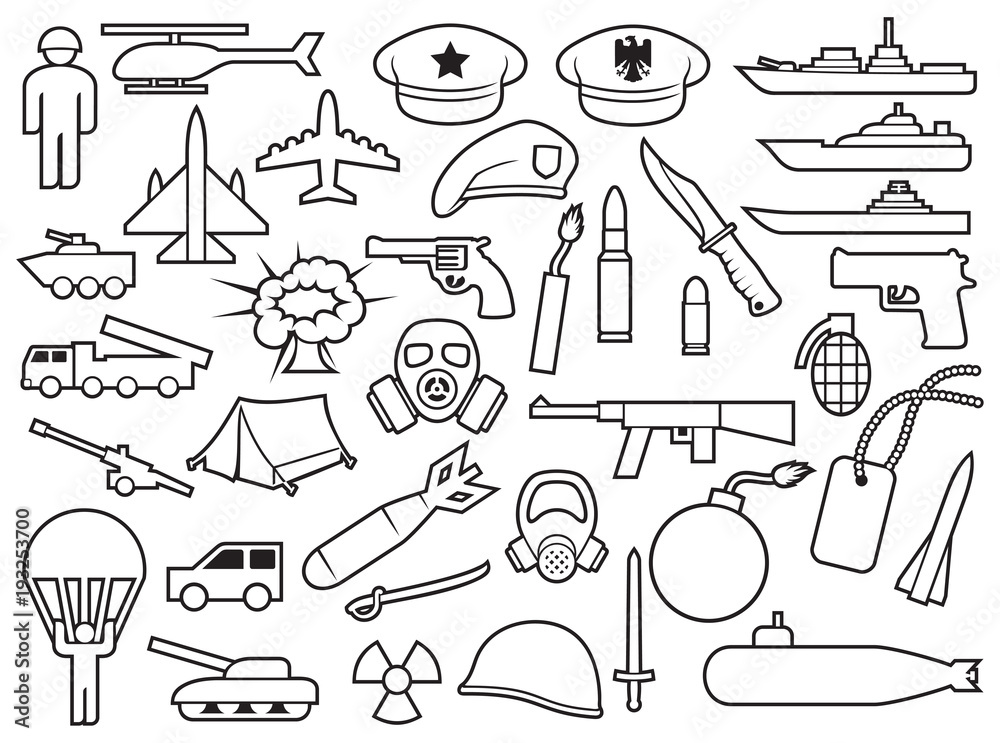 military-thin-line-icons-knife-handgun-bomb-bullet-gas-mask-sword