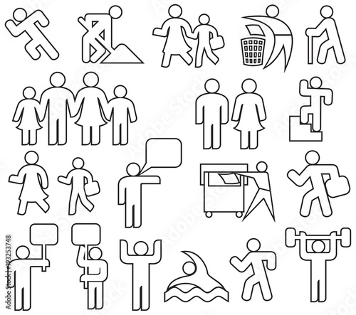 people thin line icons set (happy family, father, mother, grandfather, children, woman, parent together, wc icon, icon male and female, recycling sign, demonstrators, gym, recycling)