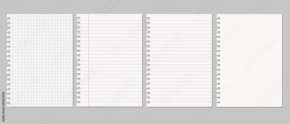 Set of vector realistic illustrations of a torn sheet of paper from a workbook with shadow, isolated
