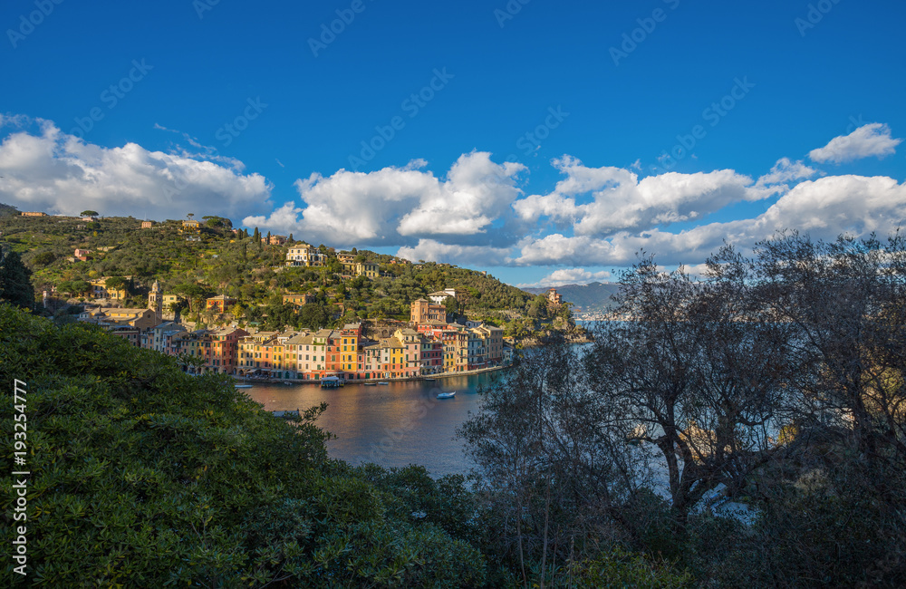 PORTOFINO, ITALY, FEBRUARY 13, 2018 - Aerial view of the city of of Portofino , Genoa (Genova) Province, Liguria, Mediterranean coast, Italy