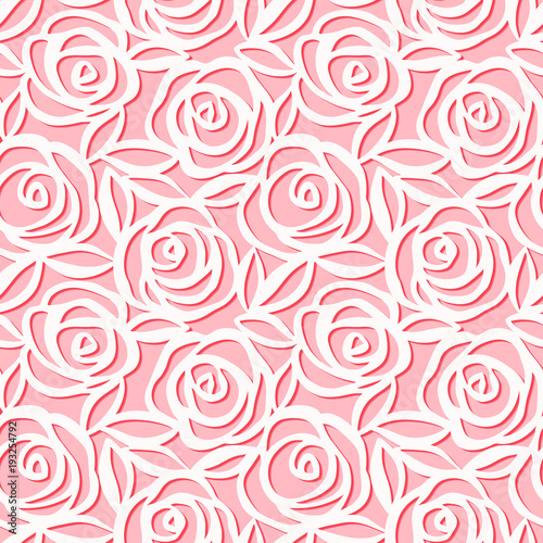 Seamless pattern. Cute vector illustration of roses with leaves on pink background. Origami style. Paper cut pattern.