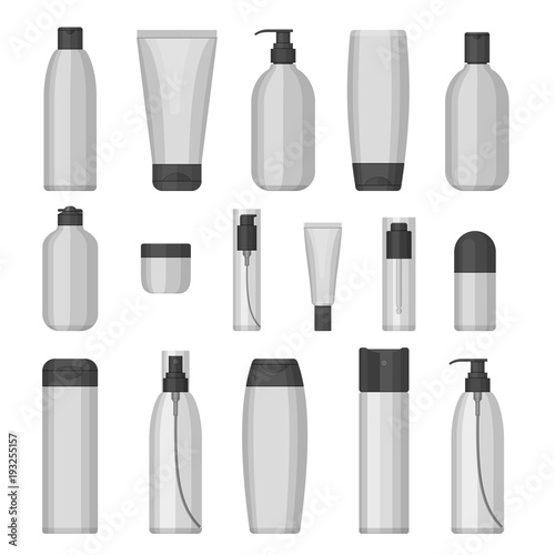 Fototapeta Naklejka Na Ścianę i Meble -  Set of vector cosmetic bottles for beauty and cleanser, skin and body care, toiletres. Flat design on a white background. Cream, tooth paste, shampoo, gel, spray, tube and soap