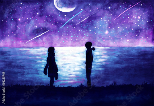 Romantic illustration. Silhouettes of a girl and a guy against a background of a night landscape.
