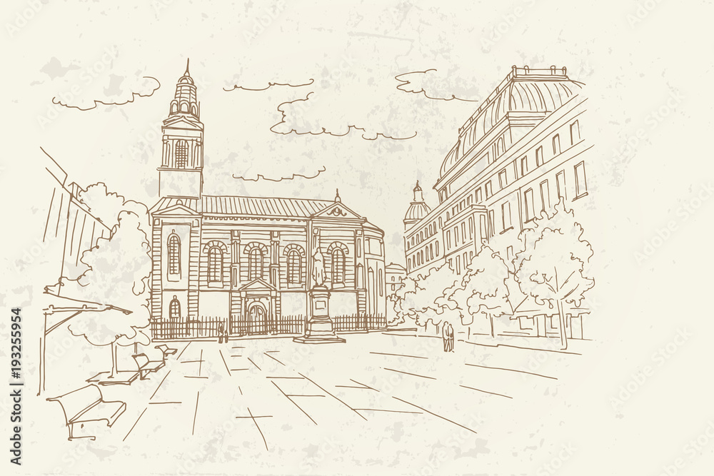 Vector sketch of Cvjetni square (trg) with orthodox cathedral Zagreb.
