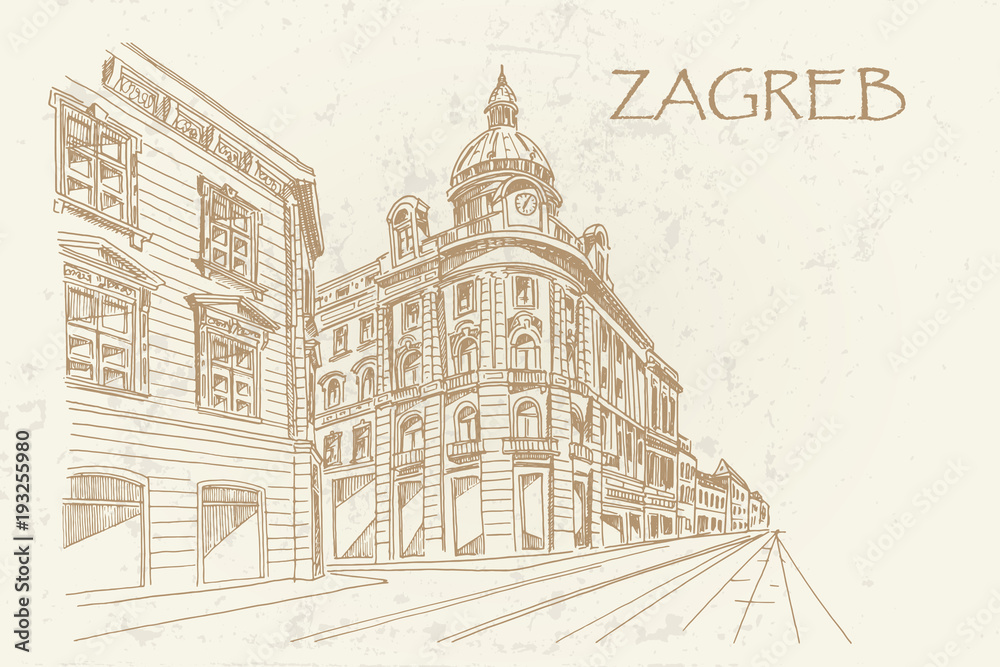 Obraz premium Hand drawn ink line sketch of european street