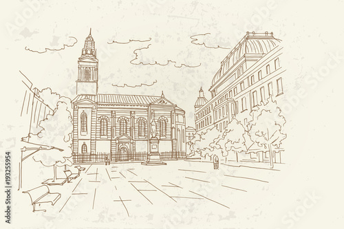 Vector sketch of Cvjetni square (trg) with orthodox cathedral Zagreb.