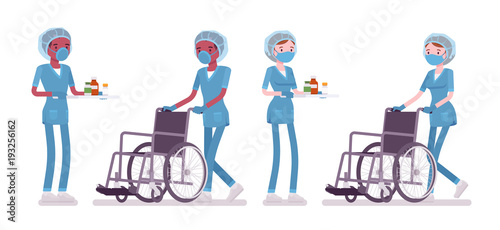 Male, female nurse doing medical procedure, pushing wheelchair