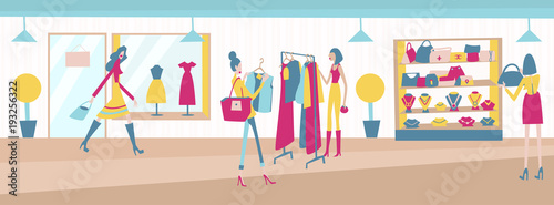 Fashion clothing store. Shop interior with clothing on hanger, bags and jewell on shelves.  Vector illustration lady customers buying products.