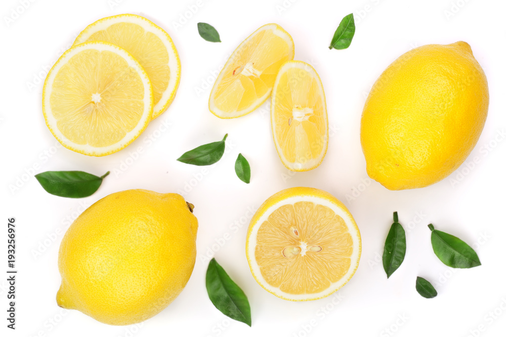custom made wallpaper toronto digitallemon and slices with leaf isolated on white background. Flat lay, top view