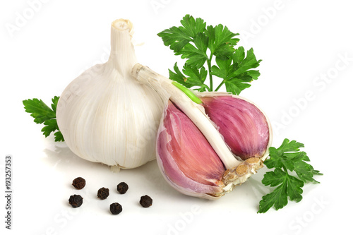garlic with parsley leaf and peppercorn isolated on white background