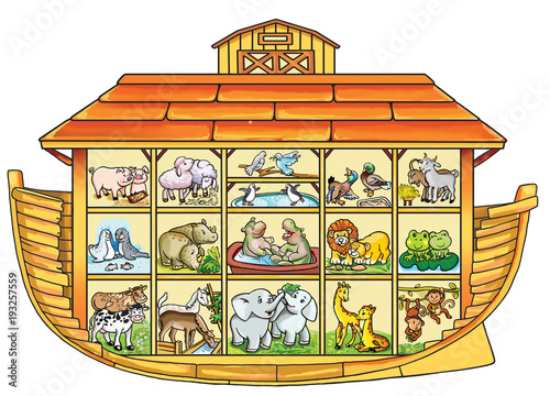 Bilde på lerret Ark of Noah on a white background. Filled with pairs of animals.