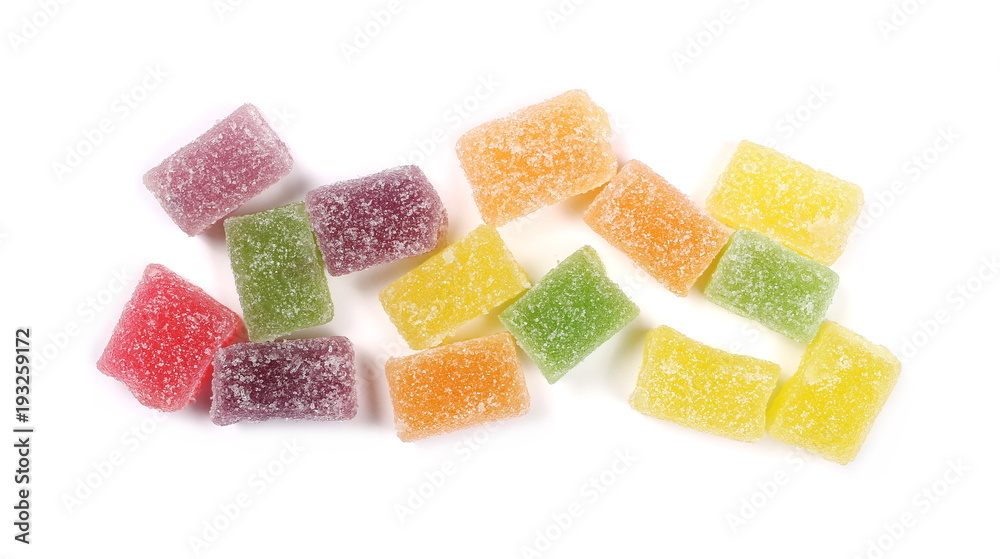 Colorful jelly sugar candies isolated on white background, top view Colorful jelly sugar candies isolated on white background, top view