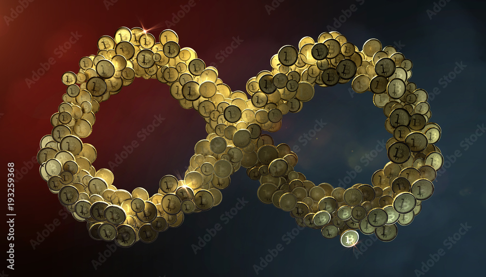 Φωτογραφία Big cloud of bitcoin btc golden coins floating in the air in shape of infinity sign symbol