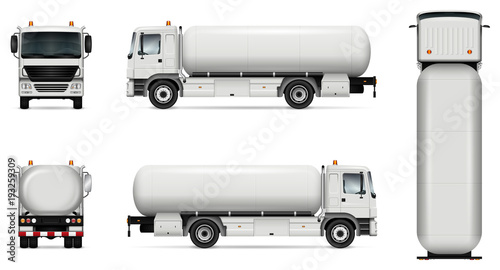 Tank truck vector mock-up. Isolated template of tanker lorry on white. Vehicle branding mockup. Side, front, back, top view. All elements in the groups on separate layers. Easy to edit and recolor. photo