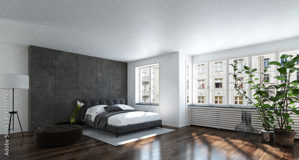 Fototapeta premium Spacious bright bedroom with wide windows