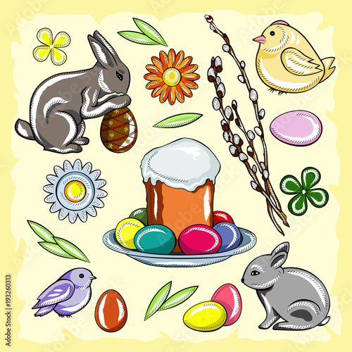 Colored Easter set with rabbit, chicken, Easter cake, flowers, pussy willow and eggs on a yellow vintage background