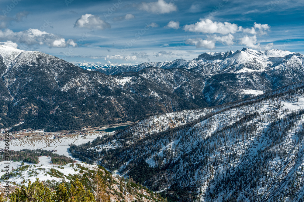 Alpine mountain range in winter