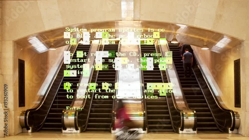 time lapse of people rushing around grand central station in new york with data and computer programming information mapped on top
