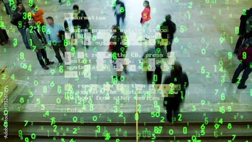 time lapse of people rushing around grand central station in new york with data and computer programming information mapped on top