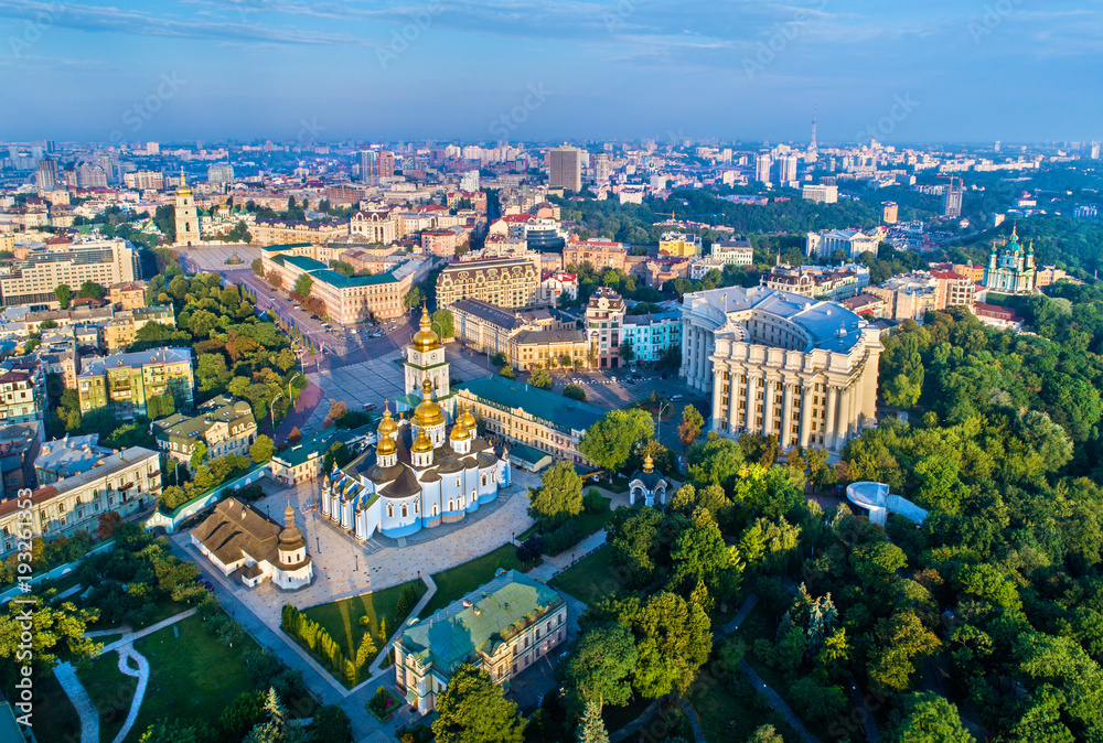 Aerial view of St. Michael Golden-Domed Monastery, Ministry of Foreign Affairs and Saint Sophia Cathedral in Kiev, Ukraine - obrazy, fototapety, plakaty 