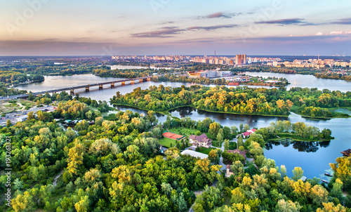 Aerial view of Trukhaniv Island on the Dnieper river in Kiev, Ukraine
