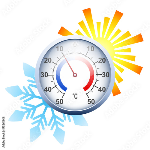 celsius round thermometer with sun and snowflake. Outdoor temperature device