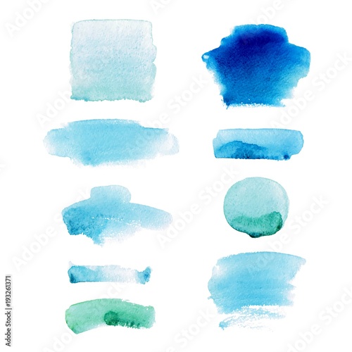 Set of watercolor spots in blue and green colors. Abstract stains and blobs collection in vector.