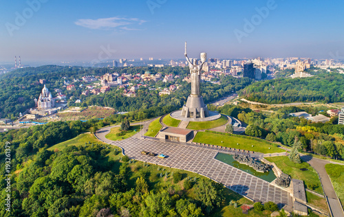 Aerial view of the Motherland Monument and the Second World War Museum in Kiev, Ukraine
