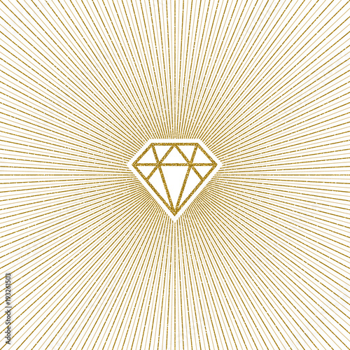 Glitter gold shining diamond with sunburst. Vector illustration.