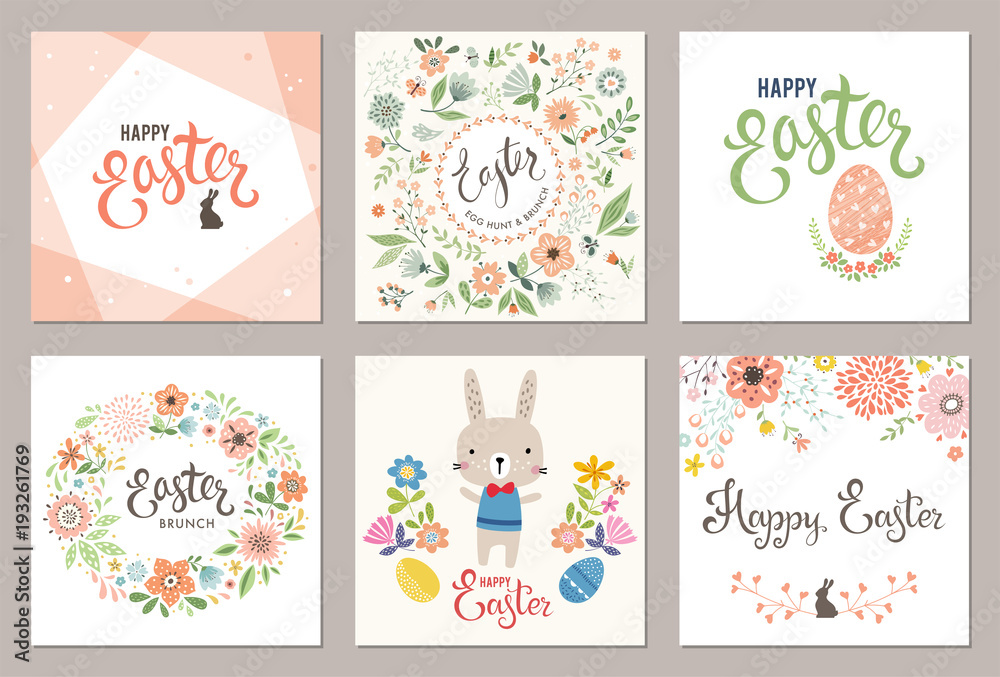Cute Happy Easter templates with eggs, flowers, floral wreath, rabbit and typographic design. Vector illustration.
