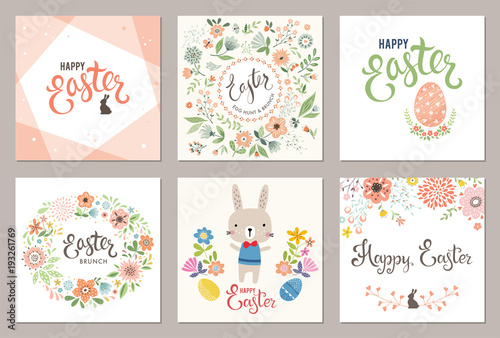 Cute Happy Easter templates with eggs  flowers   floral wreath   rabbit and typographic design. Vector illustration.