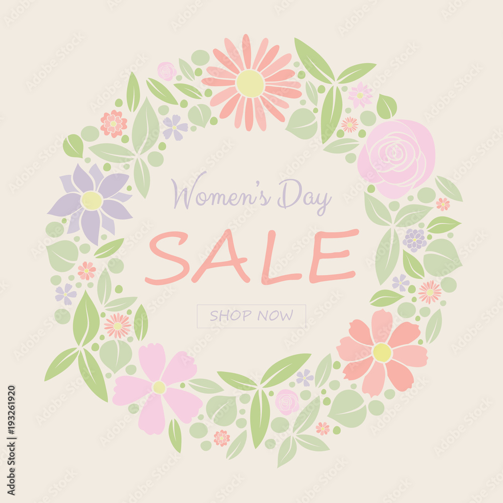 Women's Day Sale - pastel coloured poster with flowers in retro style. Vector.