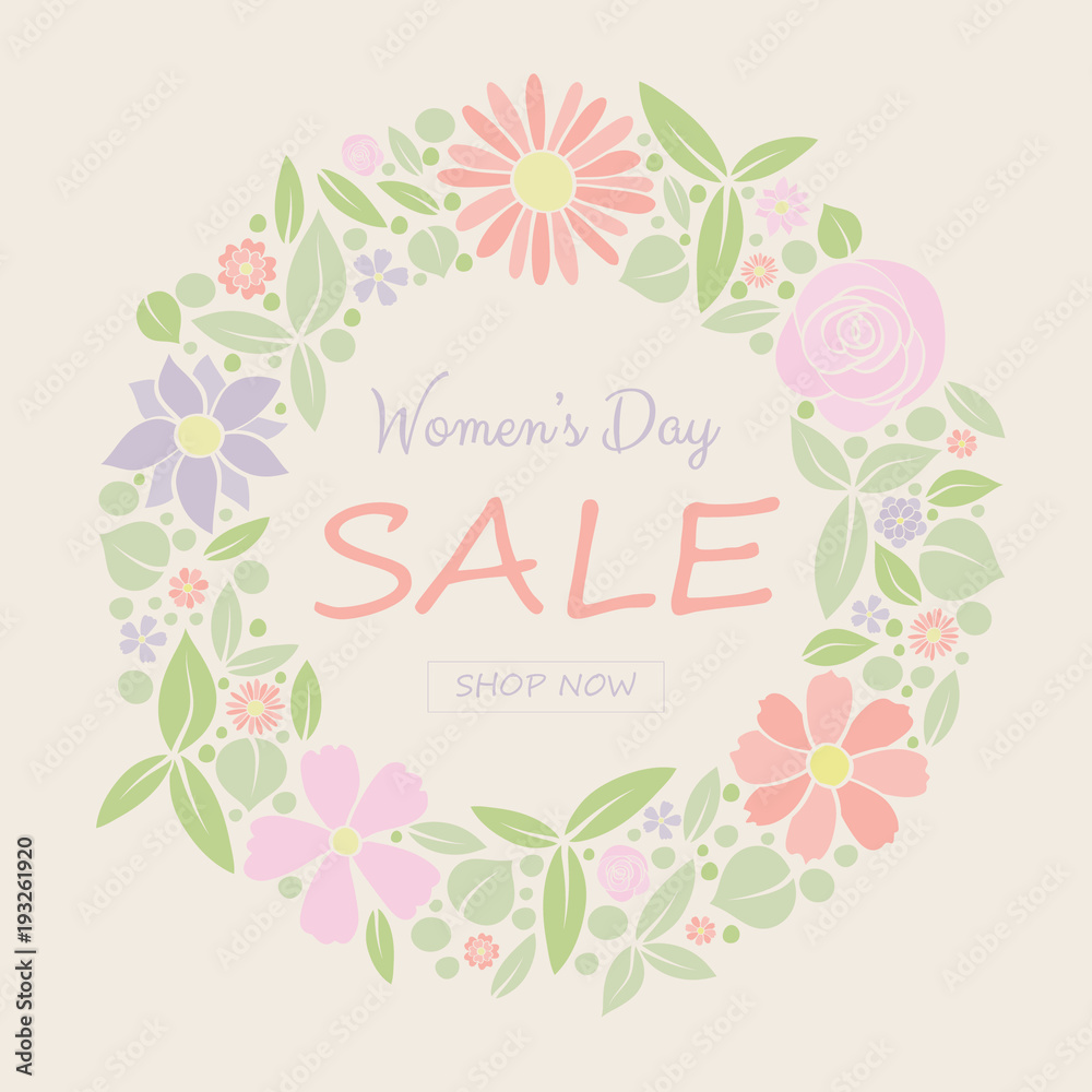 Women's Day Sale - pastel coloured poster with flowers in retro style. Vector. Women's Day Sale - pastel coloured poster with flowers in retro style. Vector.