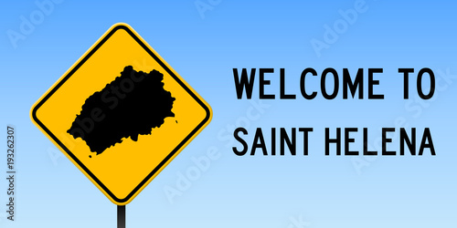 Saint Helena map on road sign. Wide poster with Saint Helena island map on yellow rhomb road sign. Vector illustration.